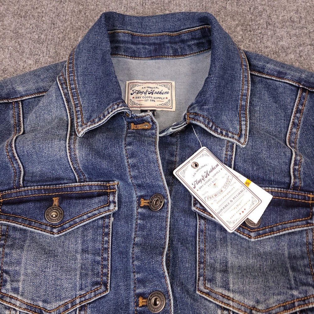 Flag And Anthem Womens Small Cropped Denim Jacket Blue Button Front NWT